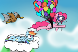 Size: 1772x1181 | Tagged: safe, artist:ogihb, pinkie pie, rainbow dash, duck, shark, g4, balloon, costume, snorkel, then watch her balloons lift her up to the sky