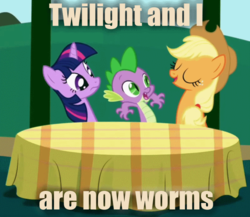 Size: 795x691 | Tagged: safe, edit, edited screencap, screencap, applejack, spike, twilight sparkle, worm pony, friendship is magic, g4, season 1, artifact, caption, image macro, long neck, twiworm, what has science done