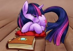 Size: 7014x4897 | Tagged: safe, artist:forgotten-wings, twilight sparkle, pony, unicorn, g4, absurd resolution, book, female, grin, lidded eyes, looking at you, mare, pillow, prone, smiling, solo