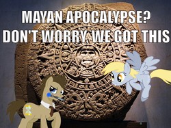 Size: 3239x2422 | Tagged: safe, artist:aponybrony, derpy hooves, doctor whooves, time turner, pegasus, pony, g4, 2012 phenomenon, aztec calendar, caption, female, image macro, male, mare, mayan apocalypse, ship:doctorderpy, shipping, straight