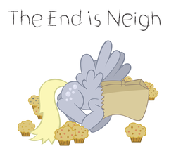 Size: 889x800 | Tagged: safe, artist:t-3000, edit, derpy hooves, pegasus, pony, g4, 2012 phenomenon, female, food, mayan apocalypse, muffin, paper bag, pun, simple background, solo, the end is neigh, the end is nigh, white background