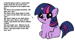 Size: 1194x668 | Tagged: safe, twilight sparkle, pony, unicorn, g4, female, filly, filly twilight telling an offensive joke, implied death, sitting, solo, younger