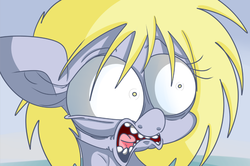 Size: 1000x665 | Tagged: safe, artist:extradan, derpy hooves, oc:jerky hooves, pegasus, pony, g4, bust, female, floppy ears, open mouth, portrait, shrunken pupils, solo, surprised, wide eyes