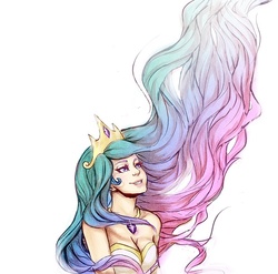Size: 792x784 | Tagged: safe, artist:mellifluousadventure, princess celestia, human, g4, breasts, cleavage, crown, female, humanized, jewelry, long hair, looking up, necklace, regalia, simple background, smiling, solo, white background