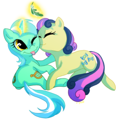 Size: 862x896 | Tagged: safe, artist:c-puff, bon bon, lyra heartstrings, sweetie drops, earth pony, pony, unicorn, g4, adorabon, cute, female, lesbian, lyrabetes, mare, mistletoe, nuzzling, one eye closed, ship:lyrabon, shipping, simple background, tongue out, transparent background