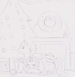 Size: 1177x1200 | Tagged: safe, artist:redintravenous, oc, oc only, oc:blue blazes, oc:red ribbon, pegasus, pony, unicorn, ask red ribbon, candle, candy, candy cane, christmas, christmas tree, christmas wreath, clothes, cuddling, female, fire, fireplace, food, holiday, jacket, male, mare, monochrome, present, sketch, stallion, traditional art, tree, wreath