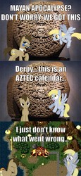 Size: 3248x7042 | Tagged: safe, artist:aponybrony, derpy hooves, doctor whooves, time turner, pegasus, pony, g4, 2012 phenomenon, aztec calendar, caption, chrono trigger, day of lavos, facehoof, female, image macro, lavos, male, mare, mayan apocalypse, ship:doctorderpy, shipping, stallion, straight