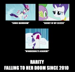 Size: 1003x975 | Tagged: safe, edit, edited screencap, screencap, rarity, spike, dragon, pony, unicorn, g4, season 3, secret of my excess, sonic rainboom (episode), wonderbolts academy, boop, falling, female, impact font, male, mare, running gag, text