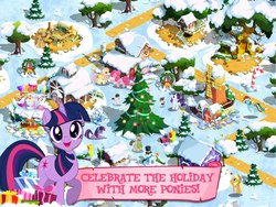 Size: 960x720 | Tagged: safe, gameloft, applejack, fluttershy, pinkie pie, pipsqueak, rainbow dash, rarity, truffle shuffle, twilight sparkle, pony, unicorn, g4, official, christmas, female, game, hearth's warming tree, mare, snow, tree, unicorn twilight, zecora's hut