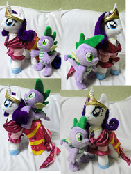 Size: 1515x2000 | Tagged: safe, artist:rens-twin, rarity, spike, g4, clothes, dress, gala, gala dress, irl, photo, plushie, rarity plushie, riding, spike plushie, spike riding rarity