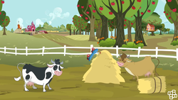 Size: 1228x691 | Tagged: safe, edit, edited screencap, screencap, bessie, cow, g4, sleepless in ponyville, apple tree, bbbb, censored, cloven hooves, clubhouse, crusaders clubhouse, female, scooter, sweet apple acres, tree, udder, unnecessary censorship