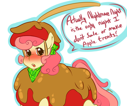 Size: 900x750 | Tagged: safe, artist:tiki-sama, apple bumpkin, g4, apple, apple costume, apple family member, blushing, caramel apple (food), caramel apple costume, clothes, costume, food, food costume, nightmare night