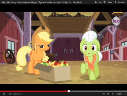 Size: 1024x768 | Tagged: safe, screencap, applejack, granny smith, apple family reunion, g4, box, hub logo, hubble, letterboxing, link, preview, youtube, youtube link