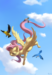 Size: 2351x3380 | Tagged: safe, artist:purmu, fluttershy, bird, pegasus, pony, g4, eyes closed, female, flying, mare, sky, smiling, solo