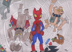 Size: 900x659 | Tagged: safe, artist:12thdoctorpepsilad, fido, rover, spot, diamond dog, g4, crossover, gem, male, ponified, spider mare, spider web, spider-man