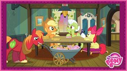 Size: 1920x1080 | Tagged: safe, apple bloom, applejack, big macintosh, granny smith, earth pony, pony, apple family reunion, g4, official, apple family, hasbro, logo, male, my little pony logo, preview, stallion