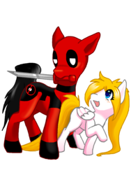 Size: 600x800 | Tagged: safe, artist:thamutt, oc, oc:frolic, blank flank, deadpool, deadpool is best pony, freckles, ponified, sword