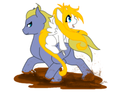Size: 800x600 | Tagged: safe, artist:thamutt, oc, oc only, oc:frolic, banana mustang, blank flank, freckles, mud, ponies riding ponies, riding
