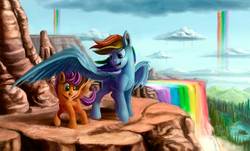 Size: 1991x1200 | Tagged: safe, artist:tsitra360, rainbow dash, scootaloo, pegasus, pony, g4, cloud, cute, duo, duo female, female, filly, foal, large wings, liquid rainbow, mare, open mouth, rainbow waterfall, raised hoof, scootalove, signature, spread wings, wings, winsome falls, wrong eye color