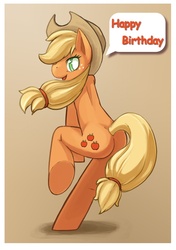 Size: 689x977 | Tagged: safe, applejack, earth pony, pony, g4, anatomically incorrect, bipedal, butt, female, happy birthday, incorrect leg anatomy, pixiv, plot, solo