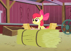 Size: 500x360 | Tagged: safe, screencap, apple bloom, earth pony, pony, apple family reunion, g4, animated, female, hay bale, letter, solo