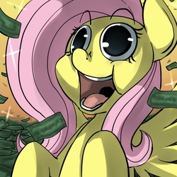 Size: 500x500 | Tagged: safe, artist:uc77, fluttershy, g4, female, money, open mouth, spread wings, wings