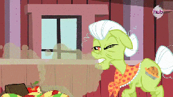 Size: 640x360 | Tagged: safe, screencap, granny smith, apple family reunion, g4, animated, dust, female, male, sneezing