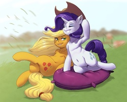 Size: 800x640 | Tagged: safe, artist:kevinsano, applejack, rarity, pony, g4, armpits, belly button, duo, female, lesbian, pillow, ship:rarijack, shipping