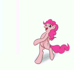 Size: 410x385 | Tagged: artist needed, source needed, safe, pinkie pie, earth pony, pony, g4, bipedal, female, simple background, smiling, solo, walking