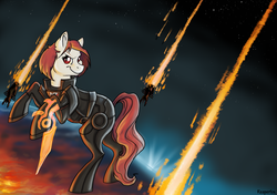 Size: 1236x872 | Tagged: safe, artist:reaperfox, armor, commander shepard, mass effect, n7 armor, omni-blade, omni-tool, ponified