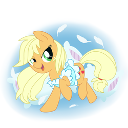 Size: 1500x1500 | Tagged: safe, artist:madmax, applejack, g4, abstract background, clothes, cute, feather, jackabetes, loose hair, pajamas, pillow, sleep over