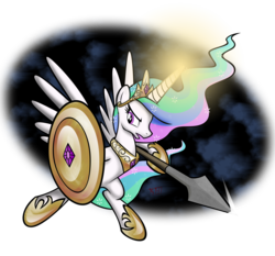 Size: 2208x2060 | Tagged: safe, artist:omegasunburst, princess celestia, alicorn, pony, g4, female, magic, mare, shield, simple background, solo, spear, transparent background, warrior celestia, weapon