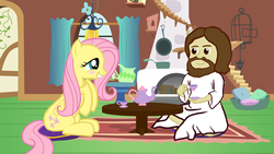 Size: 1920x1080 | Tagged: safe, artist:thatfatbrony, fluttershy, g4, jesus christ, tea