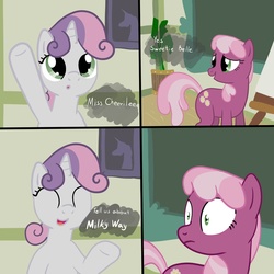 Size: 1200x1200 | Tagged: safe, artist:hudoyjnik, cheerilee, sweetie belle, oc, oc:milky way, pony, g4, comic, female, mare, ponyville schoolhouse