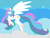 Size: 1280x960 | Tagged: safe, artist:dreikaze, princess celestia, alicorn, pony, g4, anatomically incorrect, cloud, cloudy, cutie mark, eyes closed, female, flying, hoof shoes, hooves, horn, incorrect leg anatomy, jewelry, lineless, mare, minimalist, solo, tiara, wings