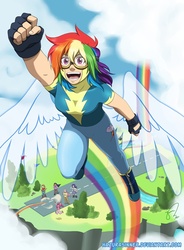 Size: 734x1000 | Tagged: safe, artist:hazurasinner, applejack, fluttershy, pinkie pie, rainbow dash, rarity, twilight sparkle, human, g4, wonderbolts academy, artificial wings, augmented, clothes, ethereal wings, fingerless gloves, flying, gloves, humanized, magic, magic wings, mane six, rainbow trail, trail, winged humanization, wings, wonderbolt trainee uniform