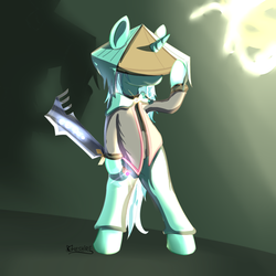 Size: 800x800 | Tagged: safe, artist:cheshiresdesires, lyra heartstrings, pony, unicorn, g4, badass, bipedal, clothes, crossover, dust (character), dust: an elysian tail, hat, hidden eyes, parody, sword, weapon