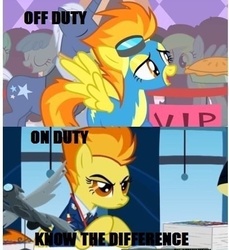 Size: 407x444 | Tagged: safe, edit, edited screencap, screencap, derpy hooves, lightning bolt, lyra heartstrings, spitfire, white lightning, pegasus, pony, g4, the best night ever, wonderbolts academy, clothes, comparison, female, goggles, know the difference, lamp, mare, necktie, office, spitfire's eyebrows, spitfire's office, spitfire's tie, uniform, wonderbolts dress uniform, wonderbolts uniform