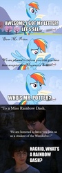 Size: 500x1384 | Tagged: safe, rainbow dash, human, pegasus, pony, g4, comic, crossover, exploitable meme, female, harry potter (series), harry potter and the philosopher's stone, implied rubeus hagrid, irl, irl human, letter meme, male, mare, photo