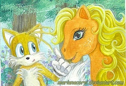 Size: 400x274 | Tagged: safe, applejack (g1), g1, crossover, male, miles "tails" prower, sonic the hedgehog (series)