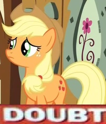 Size: 454x530 | Tagged: safe, applejack, earth pony, pony, g4, doubt, female, image macro, meme, solo, why.jpg