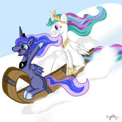 Size: 1000x1000 | Tagged: safe, artist:sapphierwolf, princess celestia, princess luna, g4, sled, snow