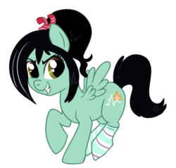 Size: 369x353 | Tagged: safe, artist:lulubell, pegasus, pony, clothes, crossover, female, filly, grin, looking at you, ponified, simple background, smiling, socks, solo, sugar rush, transparent background, vanellope von schweetz, wreck-it ralph