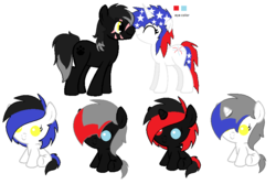 Size: 812x542 | Tagged: source needed, useless source url, safe, artist:xxkaneeyecandyxx, oc, oc only, oc:cannon fodder, oc:tember wolf, earth pony, unicorn, adoptable, baby, baby pony, blue eyes, breedable, earth pony oc, facial scar, female, heterochromia, horn, male, mare, nuzzling, parents:oc x oc, patterned hair, red and black mane, red and black oc, red eyes, scar, sitting, unicorn oc, yellow eyes