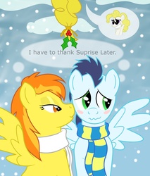 Size: 1458x1712 | Tagged: safe, artist:bluerobin46, soarin', spitfire, surprise, g1, g4, blushing, clothes, female, g1 to g4, generation leap, holly, holly mistaken for mistletoe, imminent kissing, male, scarf, ship:soarinfire, shipper on deck, shipping, straight, wingboner