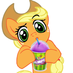 Size: 500x500 | Tagged: safe, edit, applejack, earth pony, pony, g4, 7-eleven, cup, female, looking at you, mare, shrug, shrugpony, simple background, sipping, slurpee, solo, transparent background
