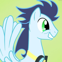 Size: 600x600 | Tagged: safe, artist:hudoyjnik, soarin', pony, g4, bags under eyes, bust, eye wrinkles, goggles, green background, grin, lime background, male, simple background, smiling, solo, spread wings, stallion, wings