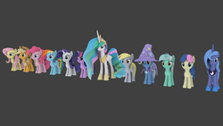 Size: 1920x1080 | Tagged: safe, artist:pizzalover53, applejack, bon bon, derpy hooves, fluttershy, lyra heartstrings, pinkie pie, princess celestia, princess luna, rainbow dash, rarity, sweetie drops, trixie, twilight sparkle, pegasus, pony, g4, .zip file at source, 3d, blender, female, gmod, line-up, mane six, mare