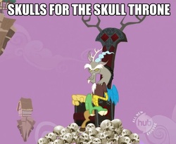 Size: 767x630 | Tagged: safe, edit, edited screencap, screencap, discord, draconequus, g4, caption, chaos, discord's throne, hub logo, human skull, image macro, khorne, male, purple sky, skull, skulls for the skull throne, solo, throne, warhammer (game), warhammer 40k