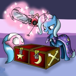 Size: 960x960 | Tagged: safe, artist:demonblak, artist:madmax, aloe, trixie, pony, unicorn, g4, box, box sawing trick, chainsaw, magic trick, mare, scared, this will end in tears, this will end in tears and/or death, wide eyes